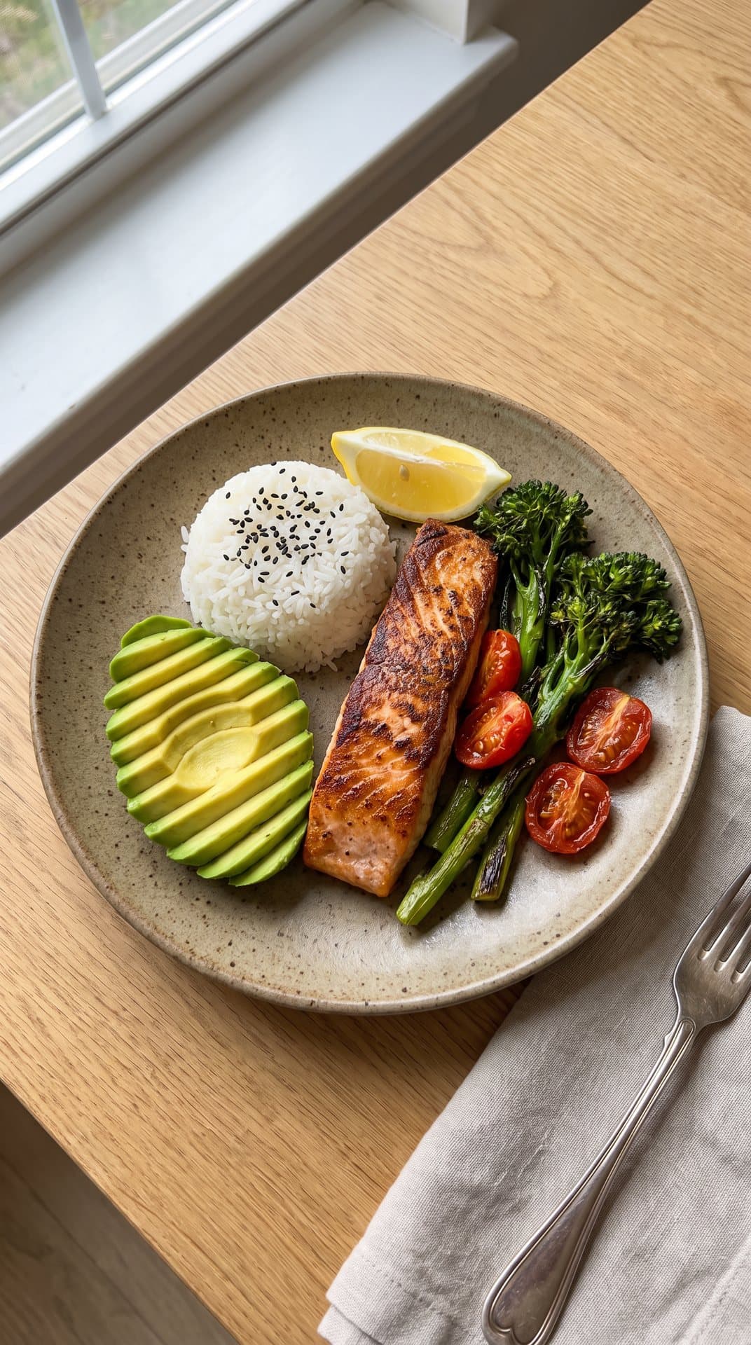Salmon with rice, avocado and broccolini, photographed in Cal Clark