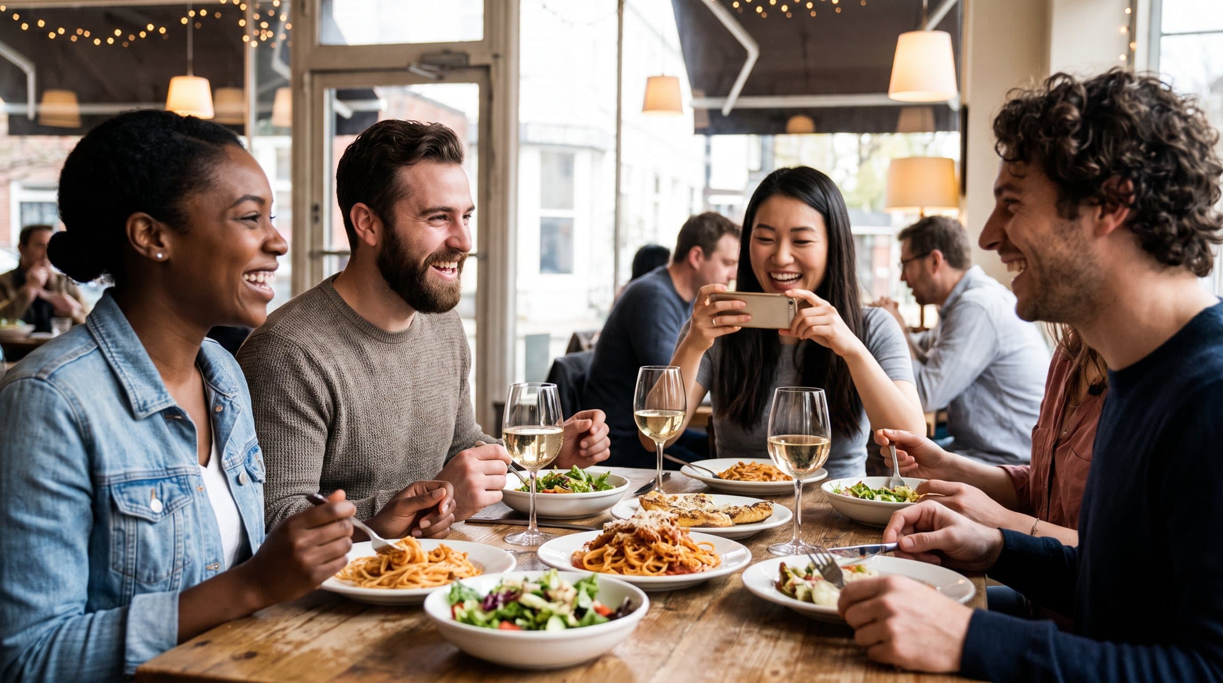 Friends sharing dinner at a neighborhood restaurant