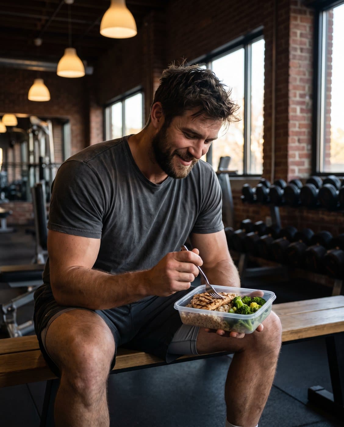 Man eating a meal-prep lunch at the gym