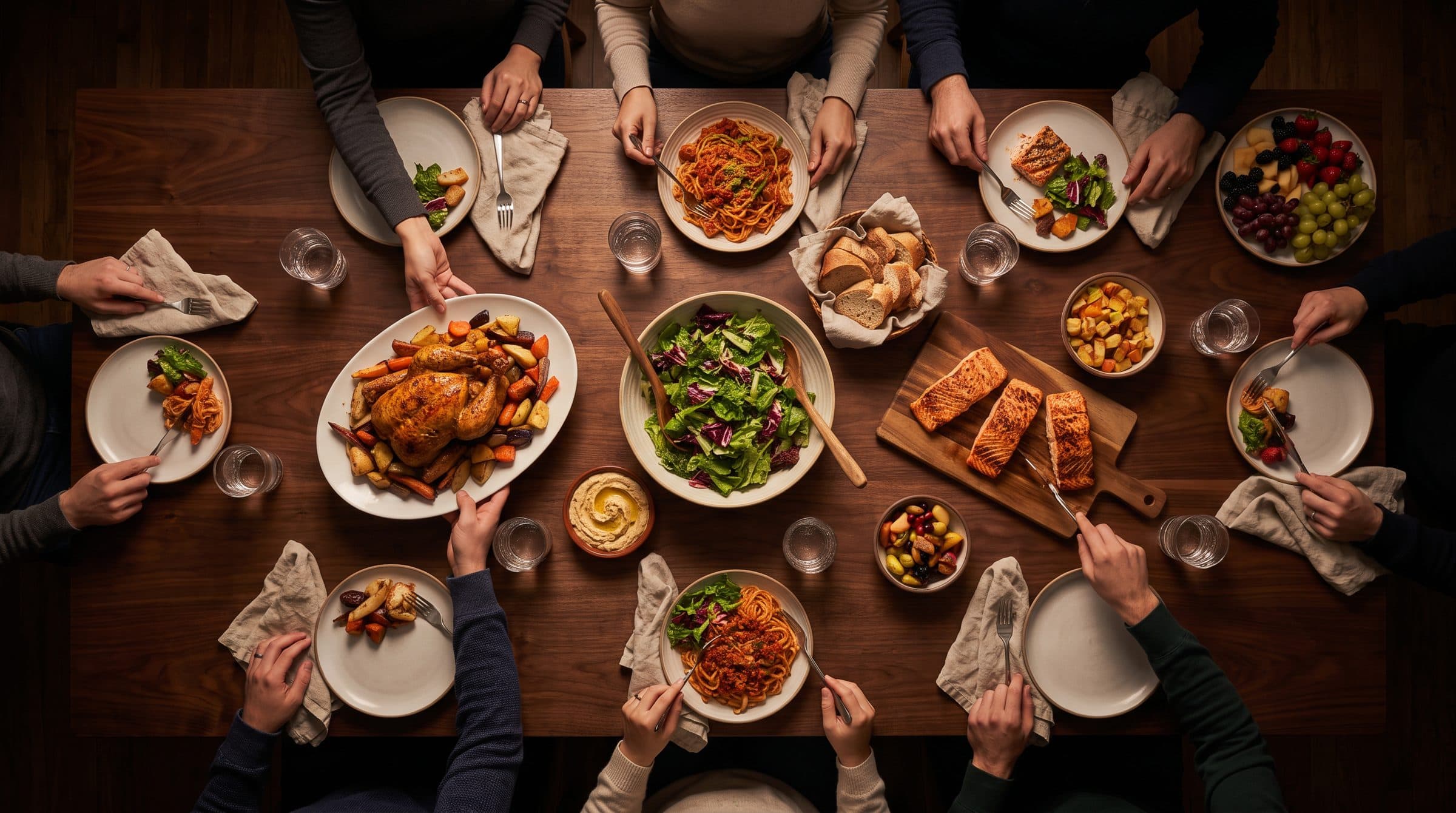 A dinner table full of shared dishes