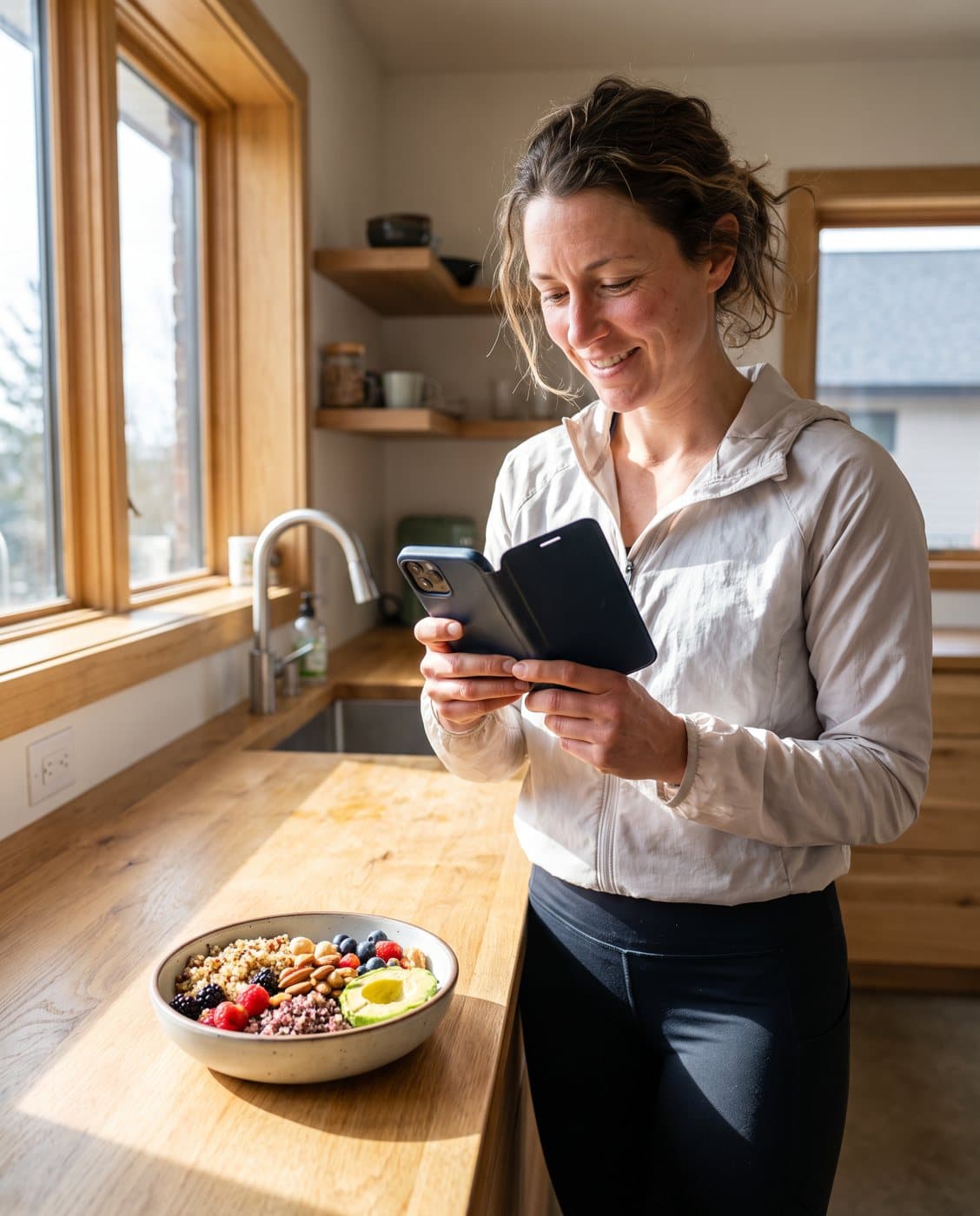 Woman photographing her lunch bowl after a morning run